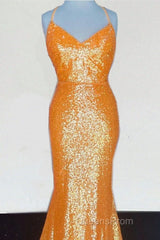 Mermaid Orange Sequin V Neck Dress