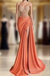 Mermaid Peach Evening Prom Dress Appliques With Slit