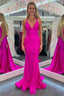 Mermaid Pink V Neck Backless Satin Long Prom Dress