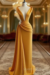 Mermaid Evening Prom Dress Deep Neck Sexy Satin Evening Dress Cheap Sweep Cocktail Dress