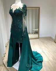 Mermaid Evening Prom Dress Lace Beaded Sheer Long Sleeves