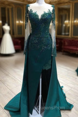 Mermaid Evening Prom Dress Lace Beaded Sheer Long Sleeves