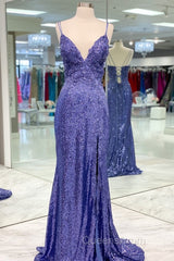 Mermaid Purple Sequins Long Evening Prom Dress with Slit,Navy Blue Evening Party Gowns