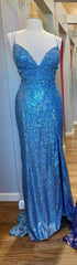 Mermaid Purple Sequins Long Evening Prom Dress with Slit,Navy Blue Evening Party Gowns