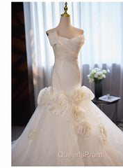 Mermaid Satin & Tulle Flowers Pleats Wedding Dress
