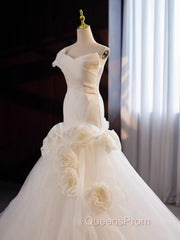 Mermaid Satin & Tulle Flowers Pleats Wedding Dress