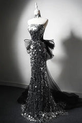 Mermaid Sequin Tulle Black Long Evening Prom Dress, Black Long Formal Dress