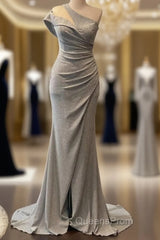 Mermaid Silver Glitter Dress One Shoulder Split