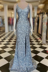 Mermaid Silver Sequin Evening Prom Dress V-Neck Long Formal Gown Slit