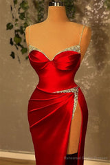 Mermaid Spaghetti Strap Sweetheart Floor-length Sleeveless Red High Split Prom Dresses