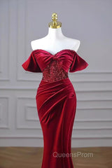 Mermaid Strapless Burgundy Velvet Evening Prom Dress Evening Dress