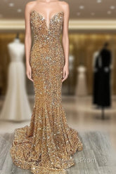 Mermaid Strapless Gold Sequin Evening Prom Dress