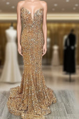 Mermaid Strapless Gold Sequin Evening Prom Dress