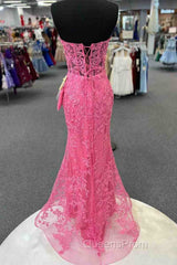 Mermaid Strapless Hot Pink Corset Appliques Long Formal Dress