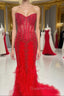 Mermaid Strapless Sequin-Embroidered Long Evening Prom Dress with Feathers