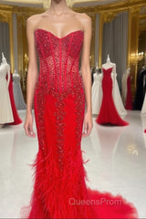 Mermaid Strapless Sequin-Embroidered Long Evening Prom Dress with Feathers