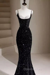 Mermaid Straps Long Black Sequin Evening Prom Dress