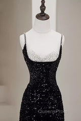 Mermaid Straps Long Black Sequin Evening Prom Dress
