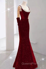 Mermaid Straps Sequin Red Backless Long Evening Prom Dress