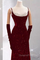 Mermaid Straps Sequin Red Backless Long Evening Prom Dress