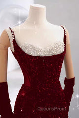 Mermaid Straps Sequin Red Backless Long Evening Prom Dress