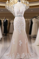 Mermaid Sweep Train Open Back Tulle Evening Prom Appliques Wedding Dress
