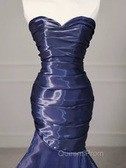 Mermaid Sweetheart Neck Water Satin Dark Blue Long Evening Prom Dress, Dark Blue Evening Dress