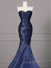 Mermaid Sweetheart Neck Water Satin Dark Blue Long Evening Prom Dress, Dark Blue Evening Dress
