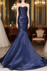 Mermaid Sweetheart Neck Water Satin Dark Blue Long Evening Prom Dress, Dark Blue Evening Dress