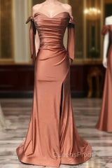 Mermaid Terracotta Ruched Split Satin Dress