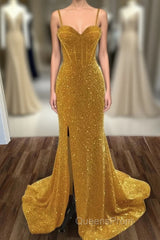 Mermaid / Trumpet Evening Prom Dress Sexy Dress Formal Sweep / Brush Train Sleeveless Sweetheart Sequined Backless With Sequin Slit