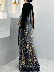 Mermaid / Trumpet Sparkle Gothic Evening Prom Formal Evening Dress V Neck Long Sleeve Floor Length Sequined Velvet With Sash / Ribbon Sequin