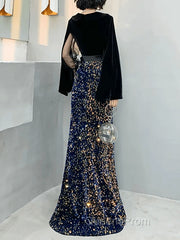 Mermaid / Trumpet Sparkle Gothic Evening Prom Formal Evening Dress V Neck Long Sleeve Floor Length Sequined Velvet With Sash / Ribbon Sequin