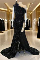 Mermaid / Trumpet Sparkle Sexy Wedding Guest Formal Evening Dress One Shoulder Long Sleeve Court Train Sequined With Feather Sequin Slit