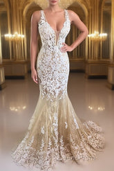 Mermaid V Neck Champagne Lace Evening Prom Dress, Mermaid Champagne Formal Dress, Champagne Lace Evening Dress