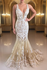 Mermaid V Neck Champagne Lace Evening Prom Dress, Mermaid Champagne Formal Dress, Champagne Lace Evening Dress