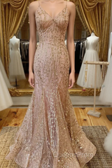 Mermaid V Neck Rose Gold Evening Prom Dress Stunning Evening Dress