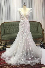 Mermaid V Neck Hand Made Flowers Tulle Wedding Dress