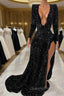 Mermaid V-neck High Split Sequined Floor-length Long Sleeve Evening Prom Dress