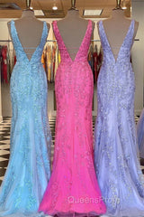 Mermaid V Neck Open Back Lace Long Evening Prom Dress, Mermaid Formal Evening Dress