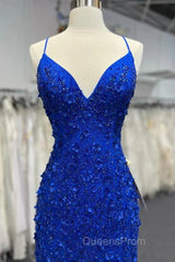 Mermaid V Neck Royal Blue Beade Applique Tulle Long Evening Prom Dress, Evening Dress