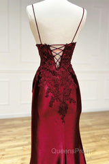 Mermaid V Neck Satin Lace Burgundy Long Evening Prom Dress, Burgundy Long Formal Dress
