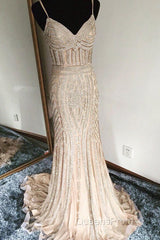 Mermaid V Neck Sequined Black Evening Prom Dress Spaghetti Straps