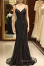 Mermaid V Neck Sequined Black Evening Prom Dress Spaghetti Straps