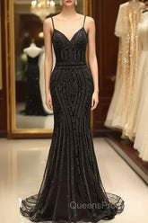 Mermaid V Neck Sequined Black Evening Prom Dress Spaghetti Straps