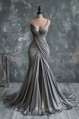 Mermaid V Neck Silver Spaghetti Straps Satin Long Evening Prom Dress Sexy Evening Dress