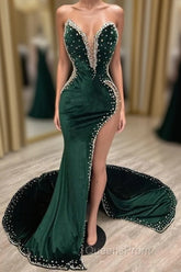Mermaid V-neck Spaghetti strap Beaded High Split Floor-length Sleeveless Evening Prom Dress