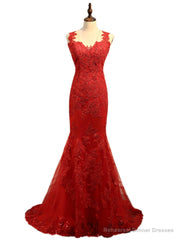 Mermaid V-neck Tulle Appliques Lace See Through Sexy Long Prom Dresses