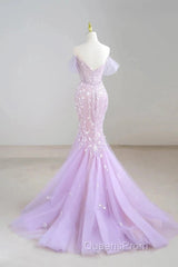 Mermaid V Neck Tulle Sequin Purple Long Evening Prom Dress Formal Dress