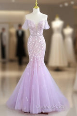 Mermaid V Neck Tulle Sequin Purple Long Evening Prom Dress Formal Dress